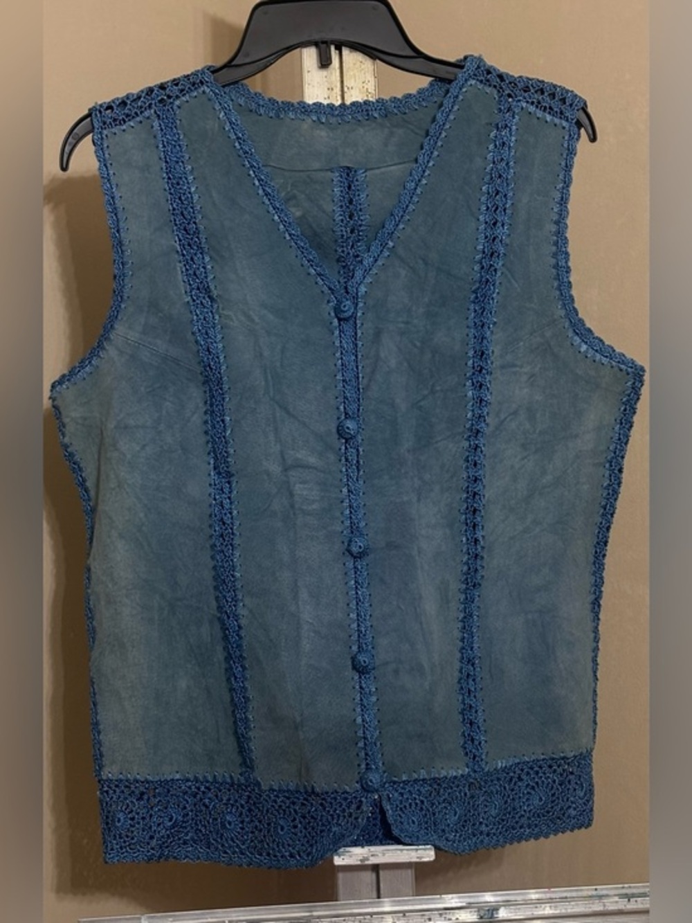 Fiber Artist Designer Blue Suede Sleeveless Crochet-Trim Vest